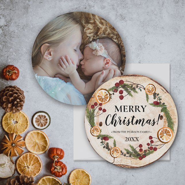 Rustic Family Photo Wood Merry Christmas foliage Invitation (Rustic wood cut Merry Christmas round family holiday card. )