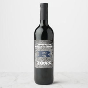 Rustic Family Reunion Blue Letter R Monogram Wine Label