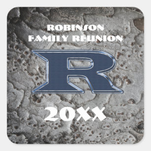Rustic Family Reunion Bold Blue Letter R Monogram Square Sticker