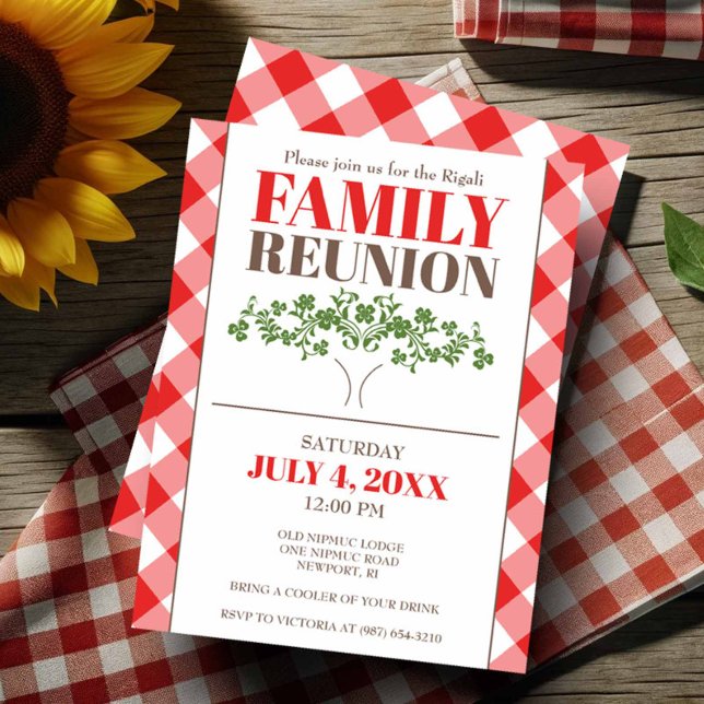 Rustic Family Reunion Invitation Gingham Picnic (Family reunion invitations tree and red gingham print.)