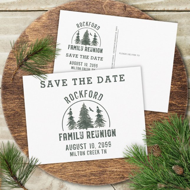 Rustic Family Reunion SAVE THE DATE Forest Trees  Invitation Postcard (Creator Uploaded)