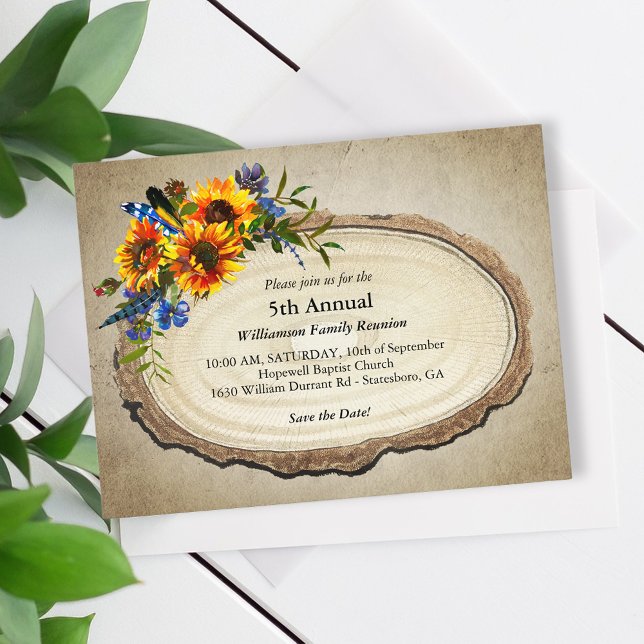 Rustic Family Reunion Sunflower Tree Slice Invitation Postcard (Creator Uploaded)
