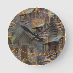 Rustic Family Stone Cabin Round Clock