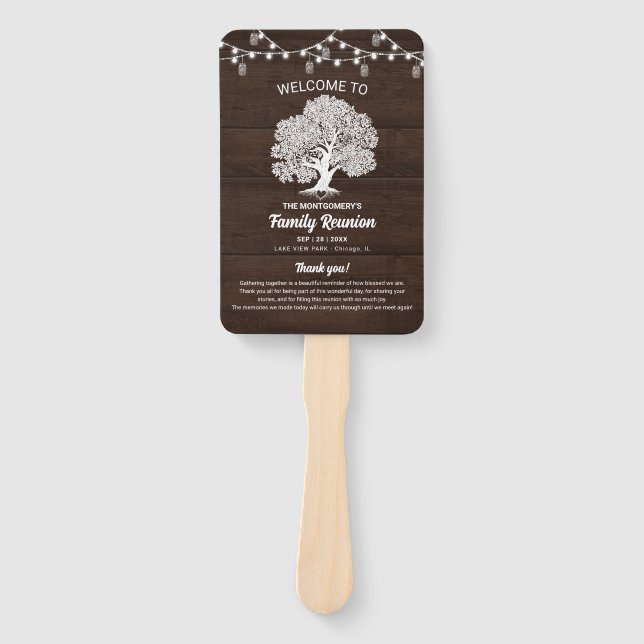 Rustic Family Tree String Lights Reunion Program Hand Fan (Front)