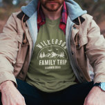 Rustic Family Trip Cabin Woods Retro T-Shirt<br><div class="desc">Rustic modern family trip t-shirt with a trendy forest mountain range design with pine trees,  woods,  and birds surrounded by your custom family name,  a personalizable name of the trip,  as well as the date of the vacation.</div>