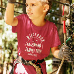 Rustic Family Trip Cabin Woods Retro T-Shirt<br><div class="desc">Rustic modern family trip t-shirt with a trendy forest mountain range design with pine trees,  woods,  and birds surrounded by your custom family name on printed dark wood panel background,  a personalizable name of the trip cabin,  as well as the date of the vacation.</div>