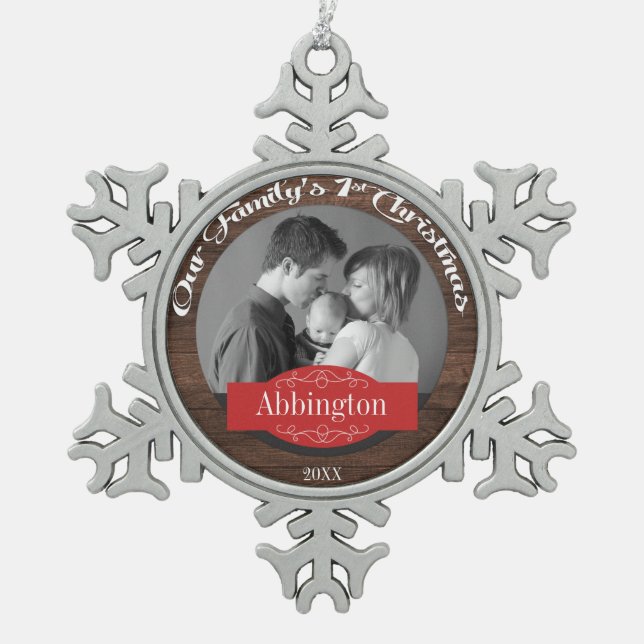 Rustic Family's 1st Christmas Photo Snowflake Snowflake Pewter Christmas Ornament (Front)