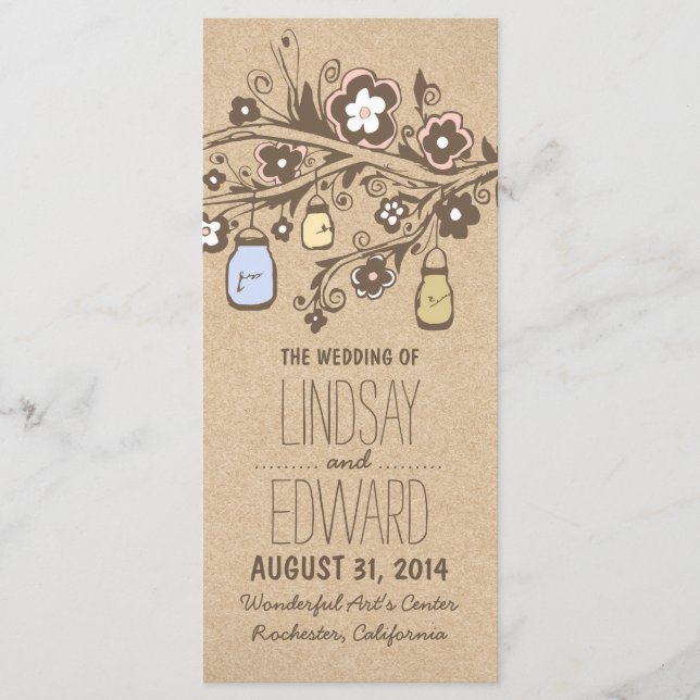 rustic fancy floral mason jars wedding programs (Front)