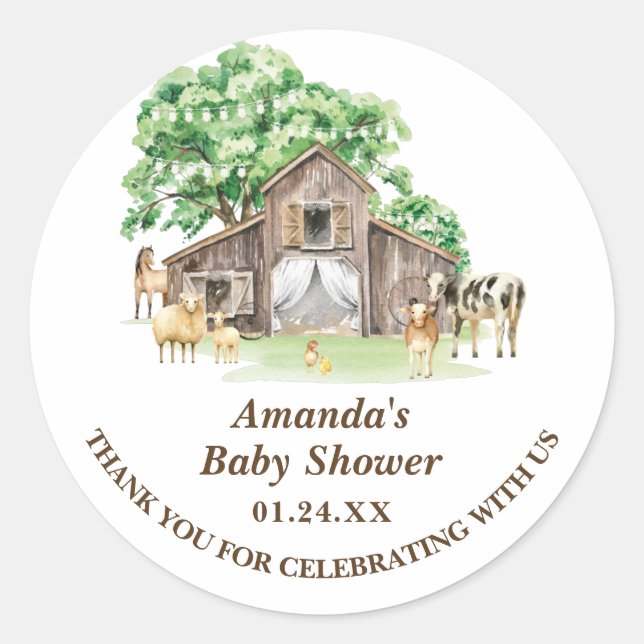 Rustic Farm Animal Baby Shower Classic Round Sticker (Front)