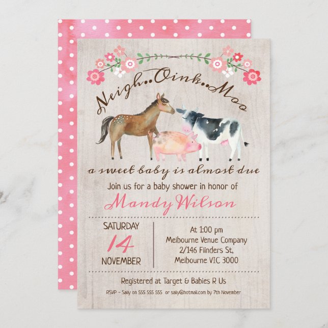 Rustic Farm Animals Girls Baby Shower Invitation (Front/Back)