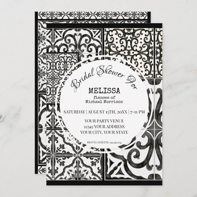 Rustic Farm Barn Tile Black White Bridal Shower Invitation (Front/Back)