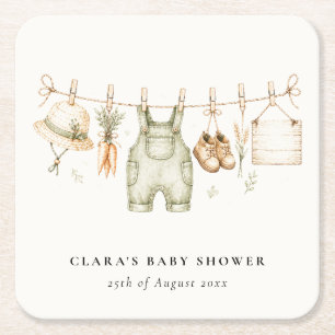Rustic Farm Clothesline Watercolor Baby Shower Square Paper Coaster
