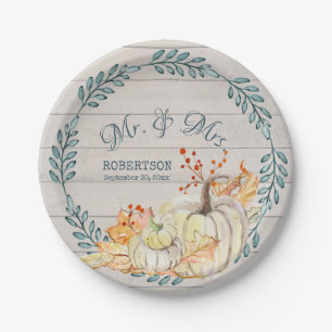 Rustic Farm Fall Leaves Wedding Watercolor Pumpkin Paper Plate