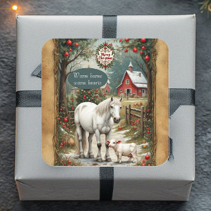 Rustic Farm Horse Lamb Red Barn Merry Christmas  Square Sticker