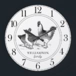 Rustic Farm House Chickens Family Name Large Clock<br><div class="desc">Rustic modern farm house family name clock with barn yard chickens.</div>