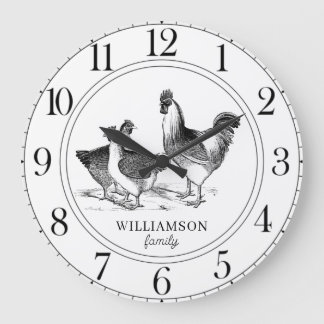 Rustic Farm House Chickens Family Name Large Clock