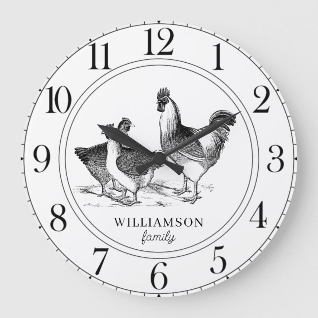 Rustic Farm House Chickens Family Name Large Clock (Front)