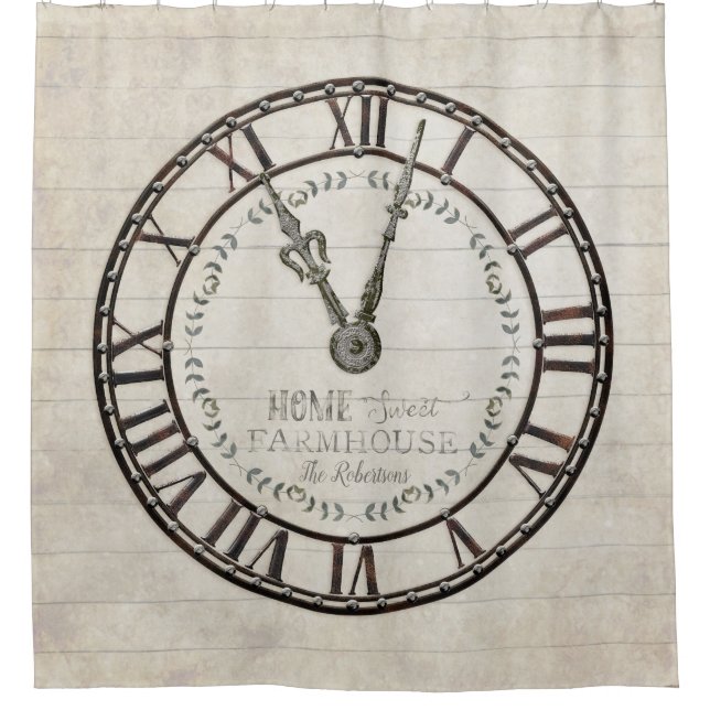 Rustic Farm House Roman Numeral Clock Typography Shower Curtain (Front)