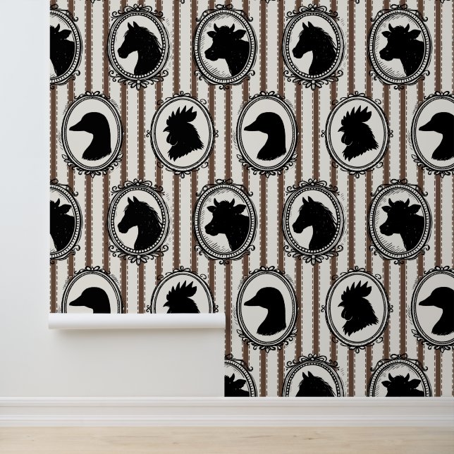 Rustic Farm Kitchen Barnyard Black & Mocha Stripe Wallpaper (Application)
