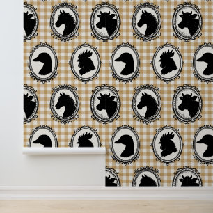 Rustic Farm Kitchen Barnyard Gingham Black & Khaki Wallpaper