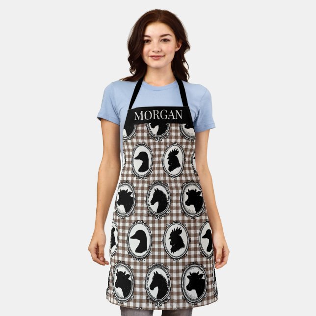 Rustic Farm Kitchen Barnyard Gingham Black & Mocha Apron (Worn)