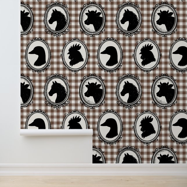 Rustic Farm Kitchen Barnyard Gingham Black & Mocha Wallpaper (Application)