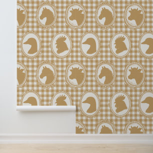 Rustic Farm Kitchen Barnyard Gingham - Khaki Toile Wallpaper