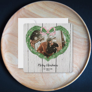 Rustic Farm Merry Christmas Heart Wreath Photo Invitation