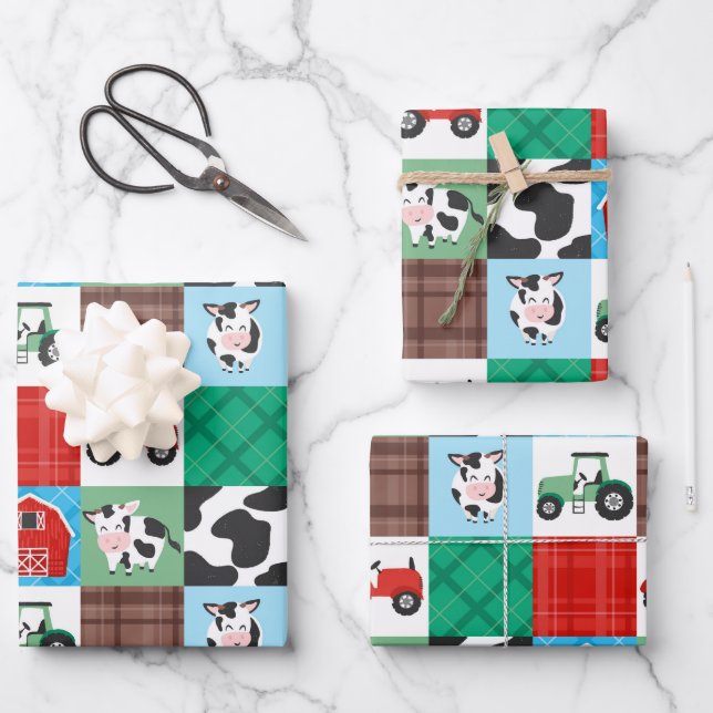 Rustic Farm Patchwork Cow Plaid Kids Birthday Wrapping Paper Sheet (Front)