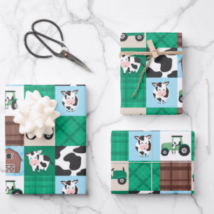 Rustic Farm Patchwork Cow Plaid Kids Birthday Wrapping Paper Sheet