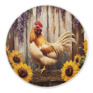 Rustic Farm Rooster with Sunflowers and Wisteria Ceramic Knob