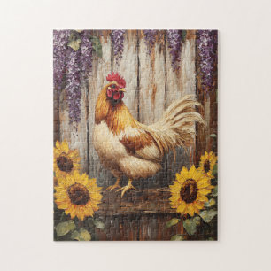 Rustic Farm Rooster with Sunflowers and Wisteria Jigsaw Puzzle