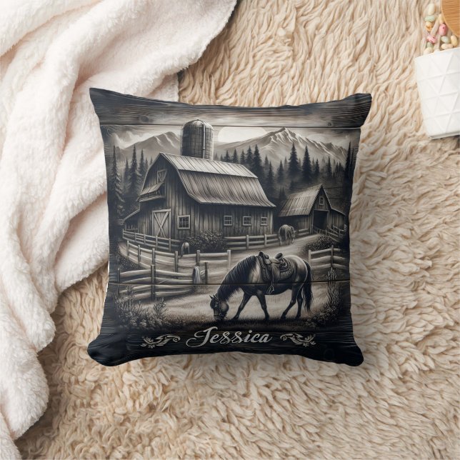 Rustic Farm Scene at Dusk With Grazing Horse Cushion (Blanket)