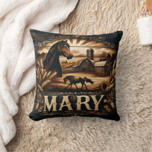 Rustic Farm Scene Featuring Horse and Barn Cushion