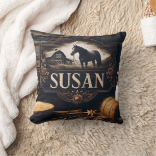 Rustic Farm Sign Featuring Horse and Barn Cushion