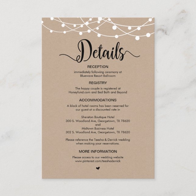 Rustic Farm String Lights design, Wedding Details Enclosure Card (Front)