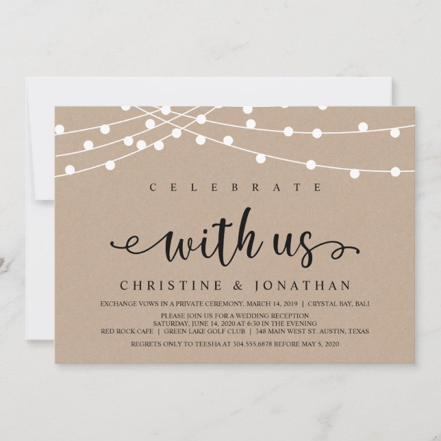 Rustic Farm String Lights, Kraft Wedding Elopement Invitation (Front)