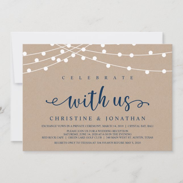 Rustic Farm String Lights, Navy Wedding Elopement Invitation (Front)