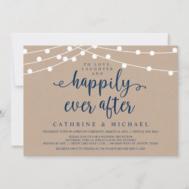 Rustic Farm String Lights, Navy Wedding Elopement Invitation (Front)