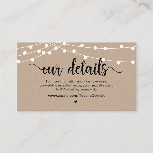 Rustic Farm String Lights, Wedding Details Enclosure Card (Front)