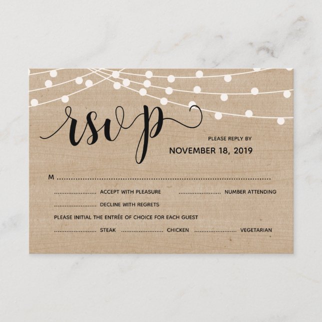 Rustic farm string lights wedding rsvp reply card (Front)