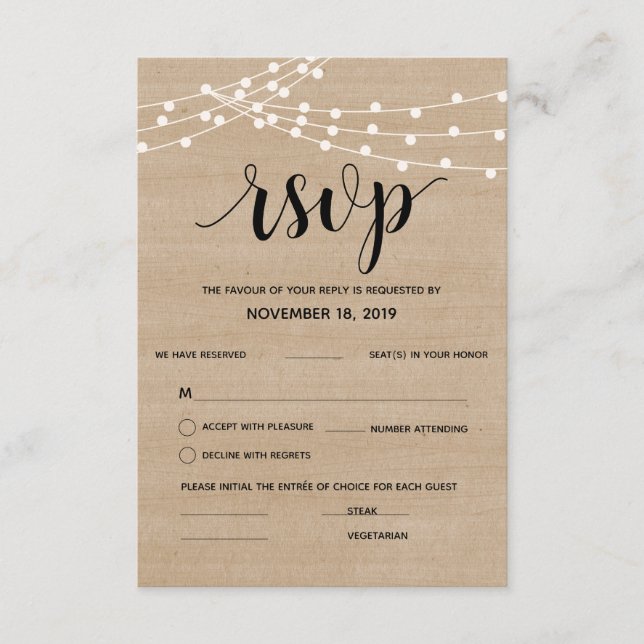 Rustic farm string lights wedding rsvp reply card (Front)
