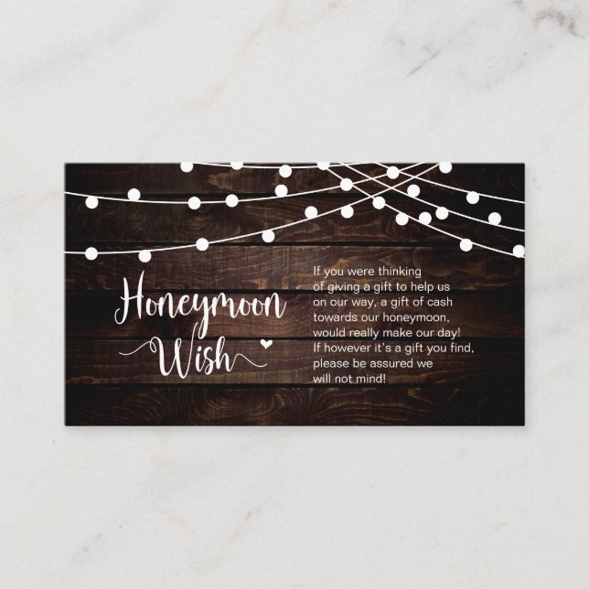Rustic Farm String Lights, Wood, Honeymoon Wish Enclosure Card (Front)