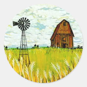 Rustic Farm Summer Landscape Classic Round Sticker