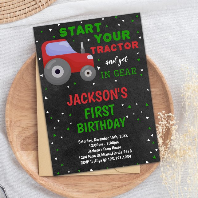 Rustic Farm Theme Party for Boys Invitation (Gray Red Tractor Birthday Invitations)