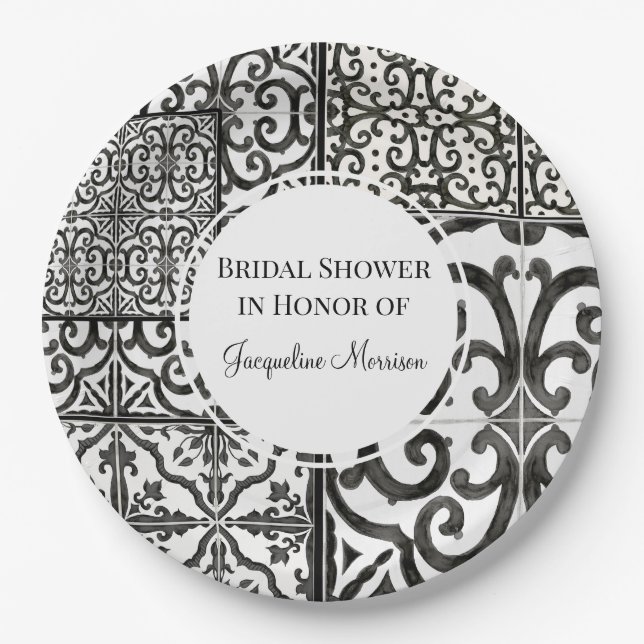 Rustic Farm Tile Pattern Black White Bridal Shower Paper Plate (Front)