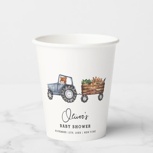 Rustic Farm Tractor Teddy Bear Baby Shower  Paper Cups (Front)
