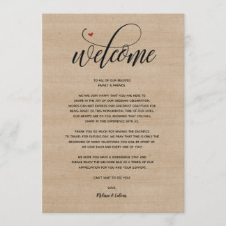 Rustic farm Wedding Welcome and Itinerary card
