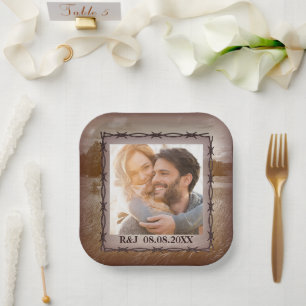 rustic farm western country barn wedding photo paper plate