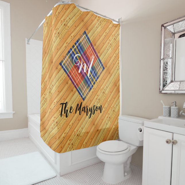 Rustic Farm Wood Plaid, Family Name Monogrammed Shower Curtain (In Situ)